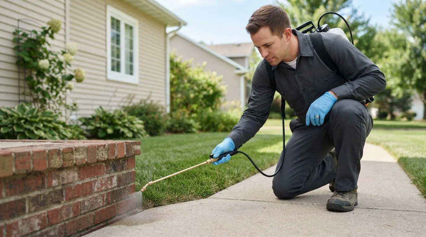 Pest control technician treating a home near Cavendish, VT